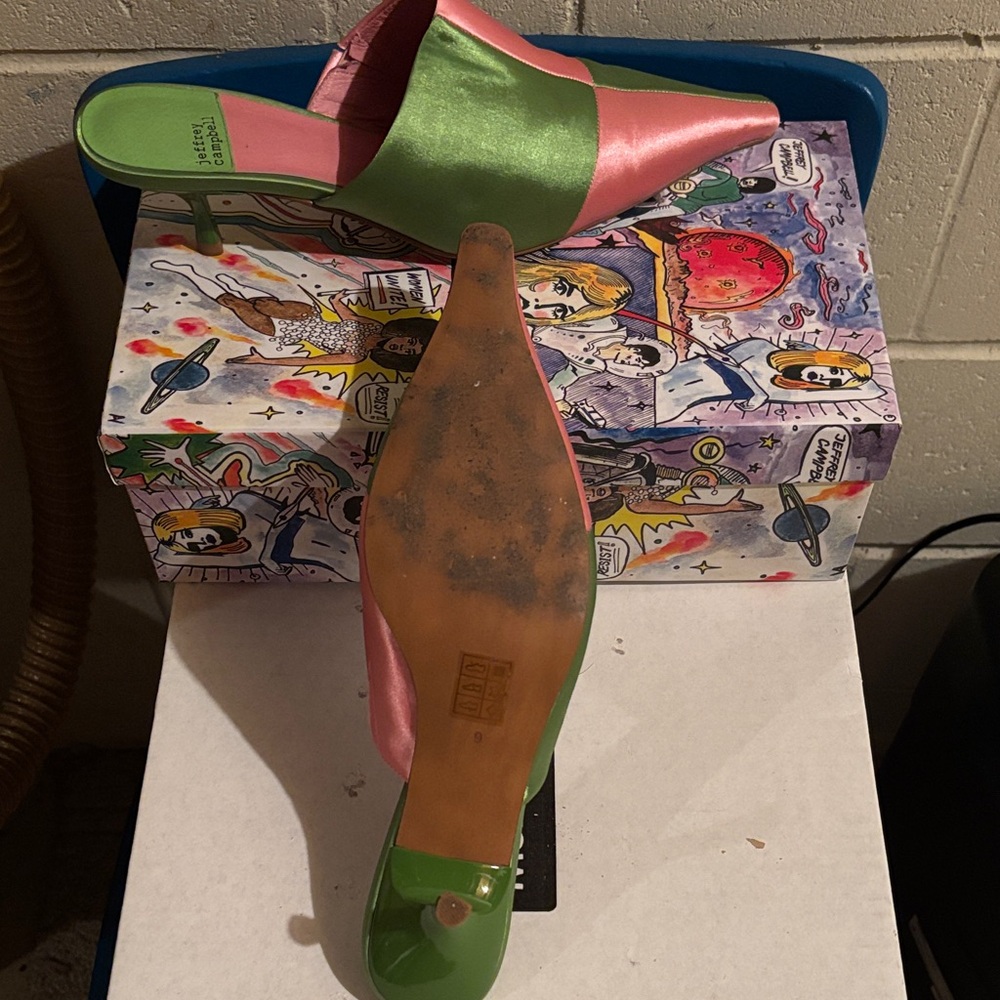 Jeffrey Campbell Satin Mules in Green and Pink - Picture 2 of 2